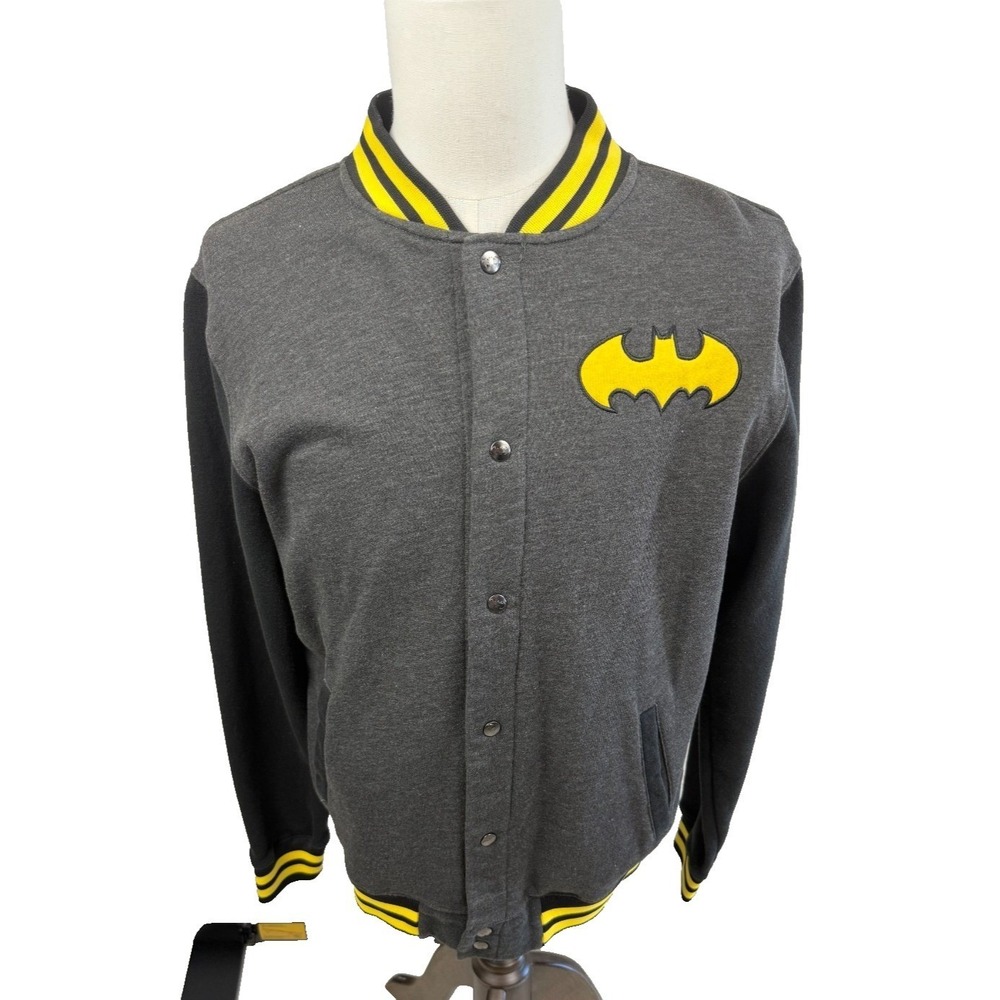 Batman DC Comics Mens Varsity Bomber Jacket Grey Black Yellow Snap Front XL